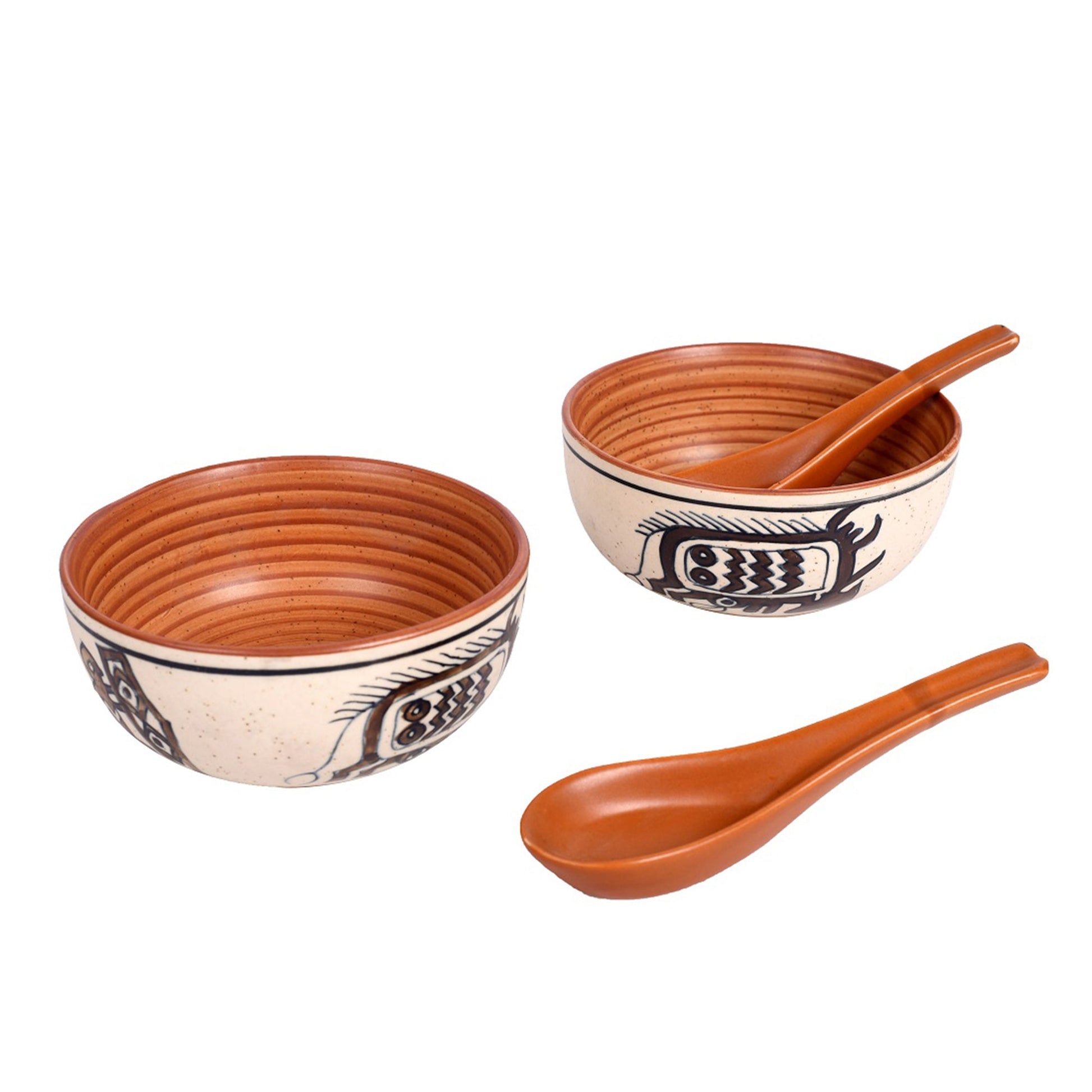 Beige - Soup Bowl Ceramic Tribal Motif with spoon (Set of 2) (2.2x5)