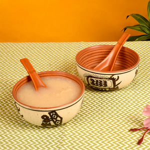 Beige - Soup Bowl Ceramic Tribal Motif with spoon (Set of 2) (2.2x5)