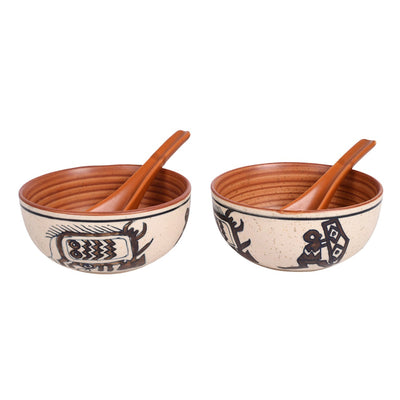 Beige - Soup Bowl Ceramic Tribal Motif with spoon (Set of 2) (2.2x5)