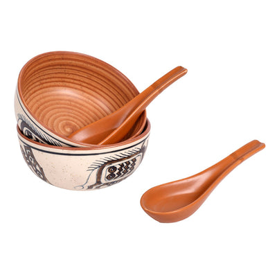 Beige - Soup Bowl Ceramic Tribal Motif with spoon (Set of 2) (2.2x5)