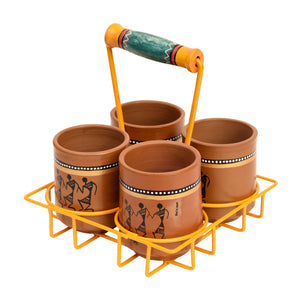 Brown - Ram Piyari Kullad Set (SO4) in Yellow Handpainted Metal Stand (6.7x6.7x7.5)