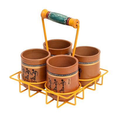 Brown - Ram Piyari Kullad Set (SO4) in Yellow Handpainted Metal Stand (6.7x6.7x7.5)
