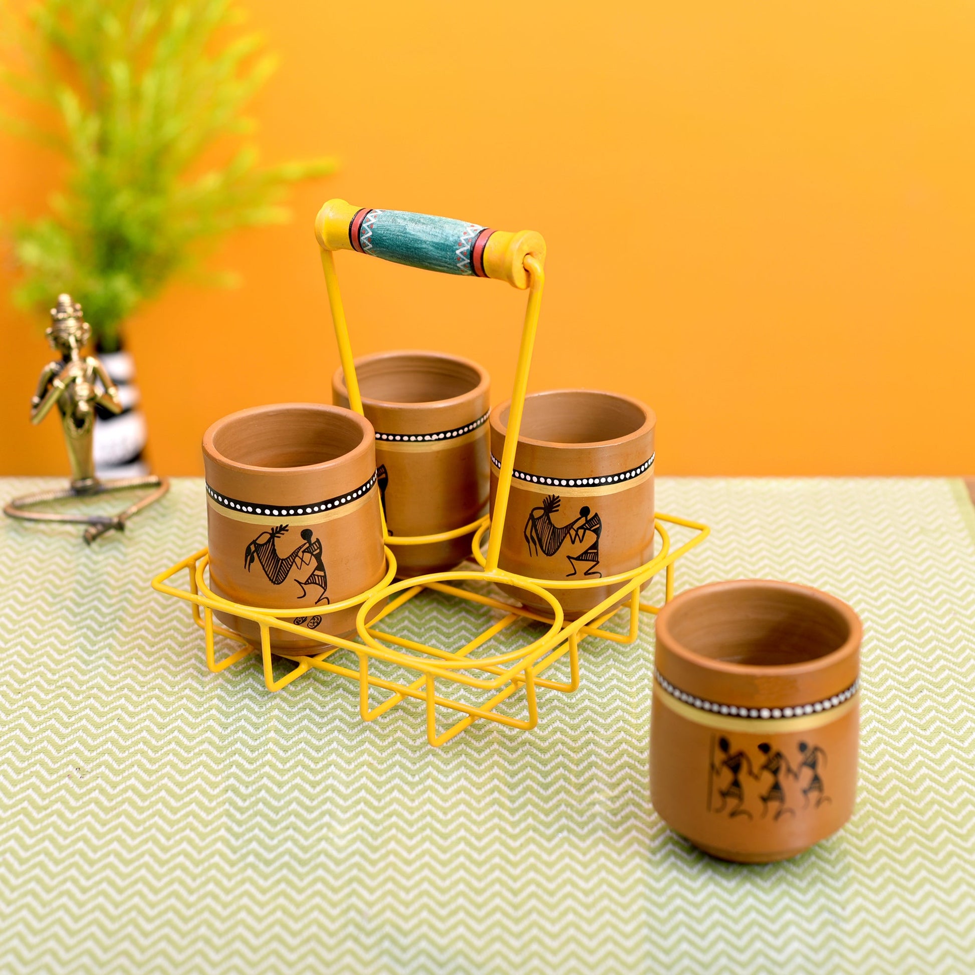 Brown - Ram Piyari Kullad Set (SO4) in Yellow Handpainted Metal Stand (6.7x6.7x7.5)
