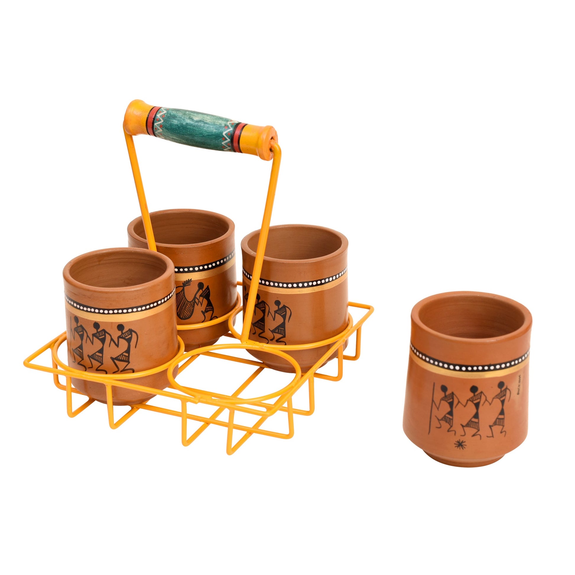 Brown - Ram Piyari Kullad Set (SO4) in Yellow Handpainted Metal Stand (6.7x6.7x7.5)