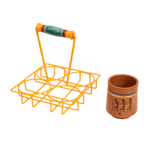 Brown - Ram Piyari Kullad Set (SO4) in Yellow Handpainted Metal Stand (6.7x6.7x7.5)