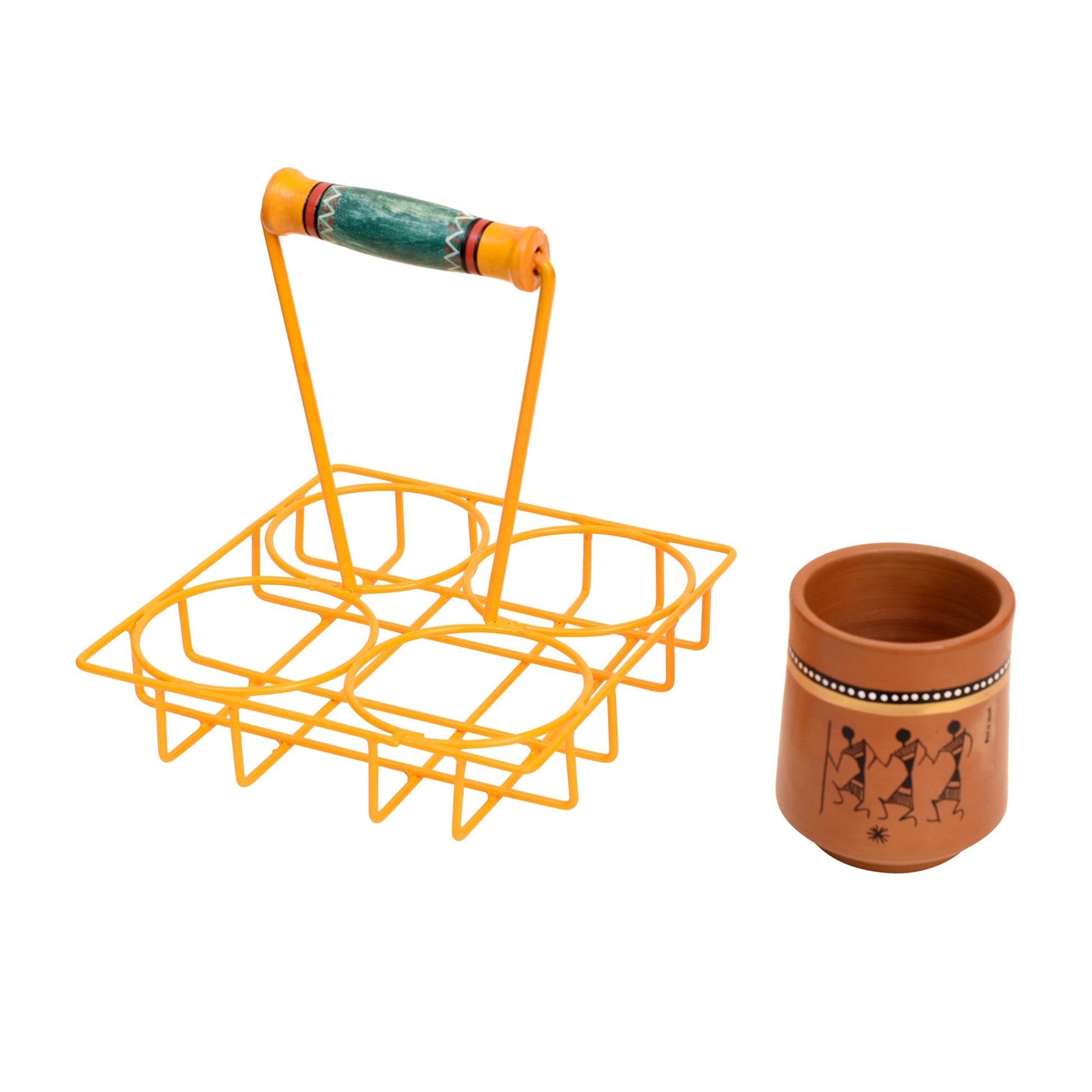 Brown - Ram Piyari Kullad Set (SO4) in Yellow Handpainted Metal Stand (6.7x6.7x7.5)