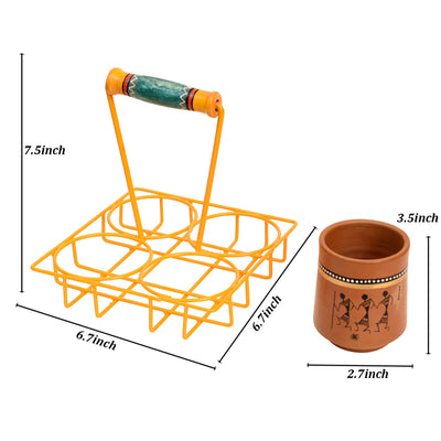 Brown - Ram Piyari Kullad Set (SO4) in Yellow Handpainted Metal Stand (6.7x6.7x7.5)