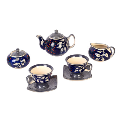 Blue - Blooming Leaves Tea Set w/Cups, Saucer & Creamer