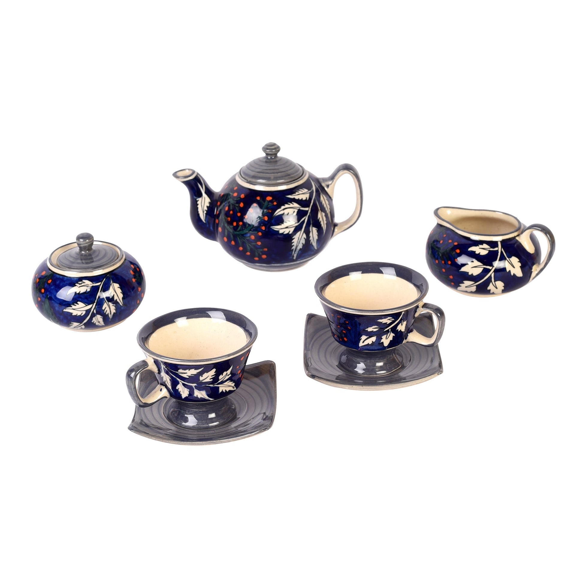Blue - Blooming Leaves Tea Set w/Cups, Saucer & Creamer