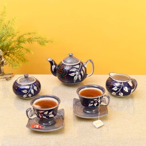Blue - Blooming Leaves Tea Set w/Cups, Saucer & Creamer