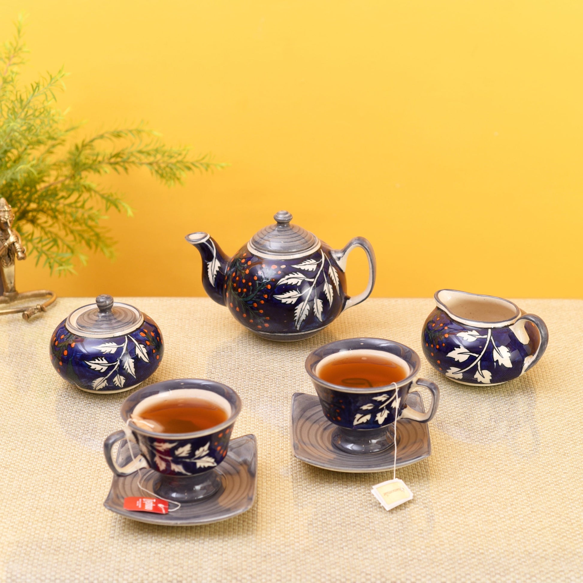Blue - Blooming Leaves Tea Set w/Cups, Saucer & Creamer