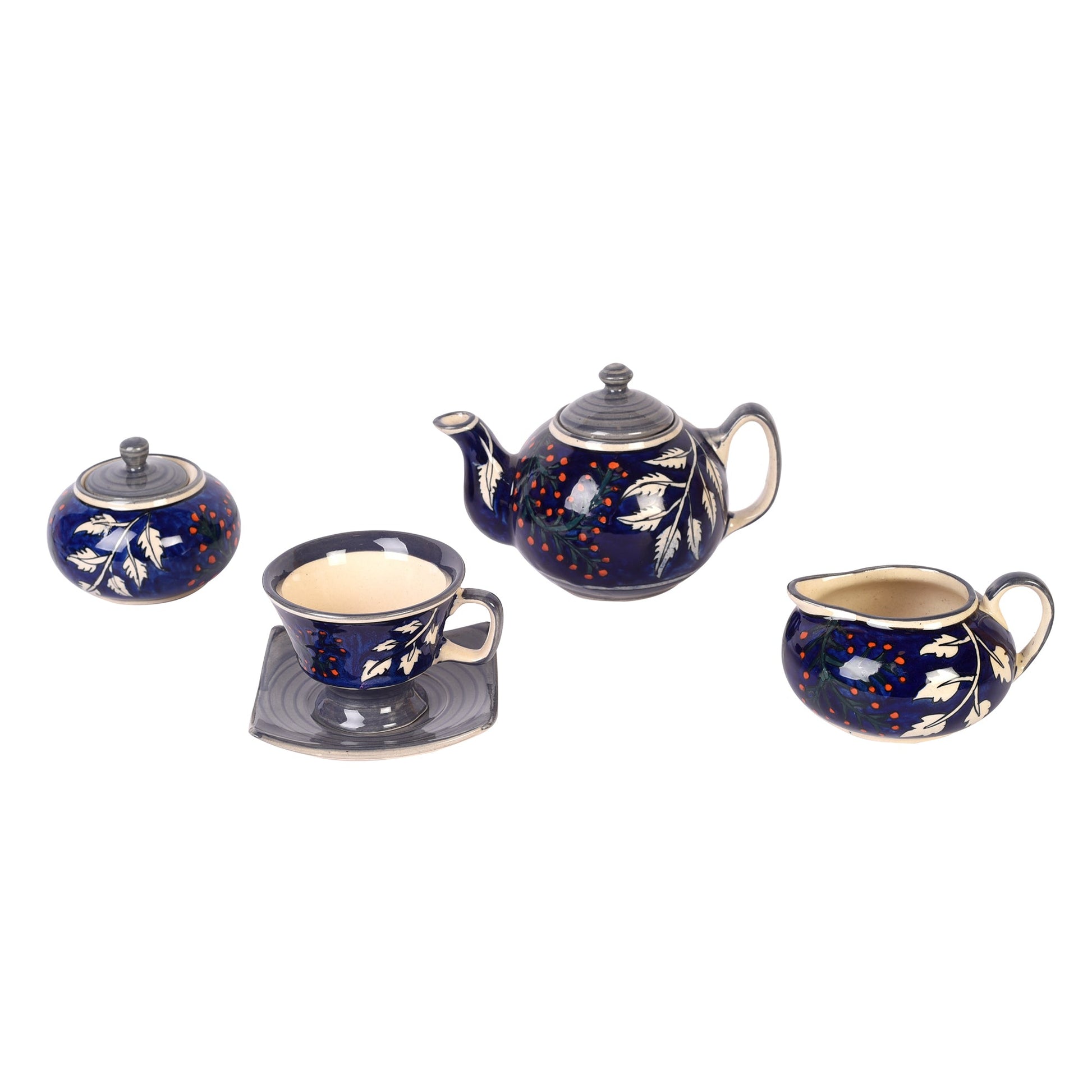 Blue - Blooming Leaves Tea Set w/Cups, Saucer & Creamer