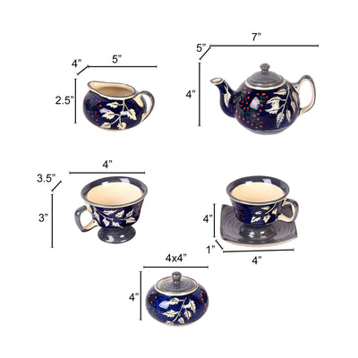 Blue - Blooming Leaves Tea Set w/Cups, Saucer & Creamer