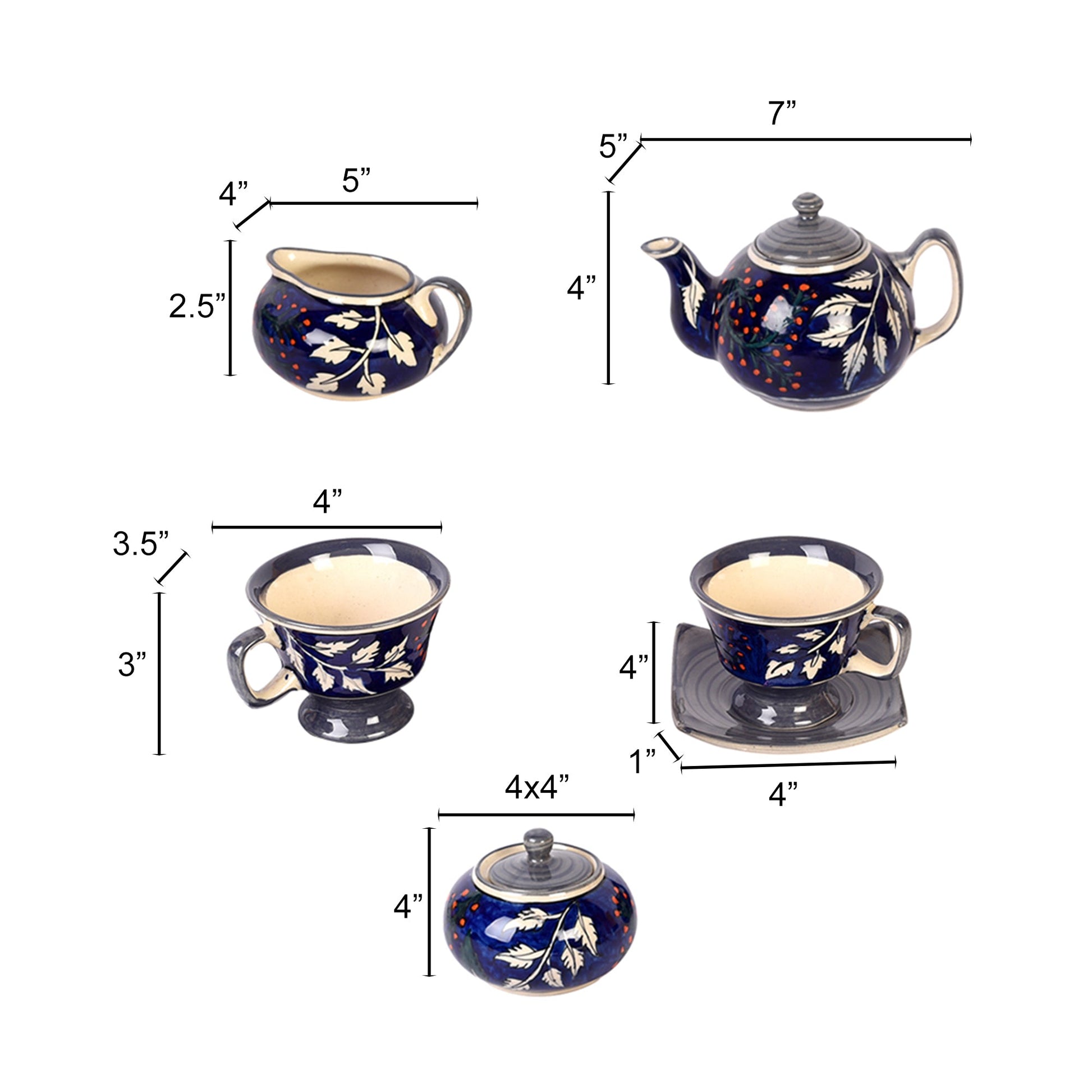 Blue - Blooming Leaves Tea Set w/Cups, Saucer & Creamer