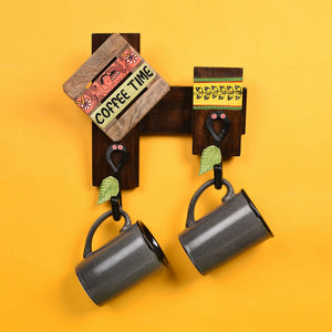Brown - Cup Holder Handcrafted Wall Mounted & 2 Mugs (Set of 3) (10x3x10)