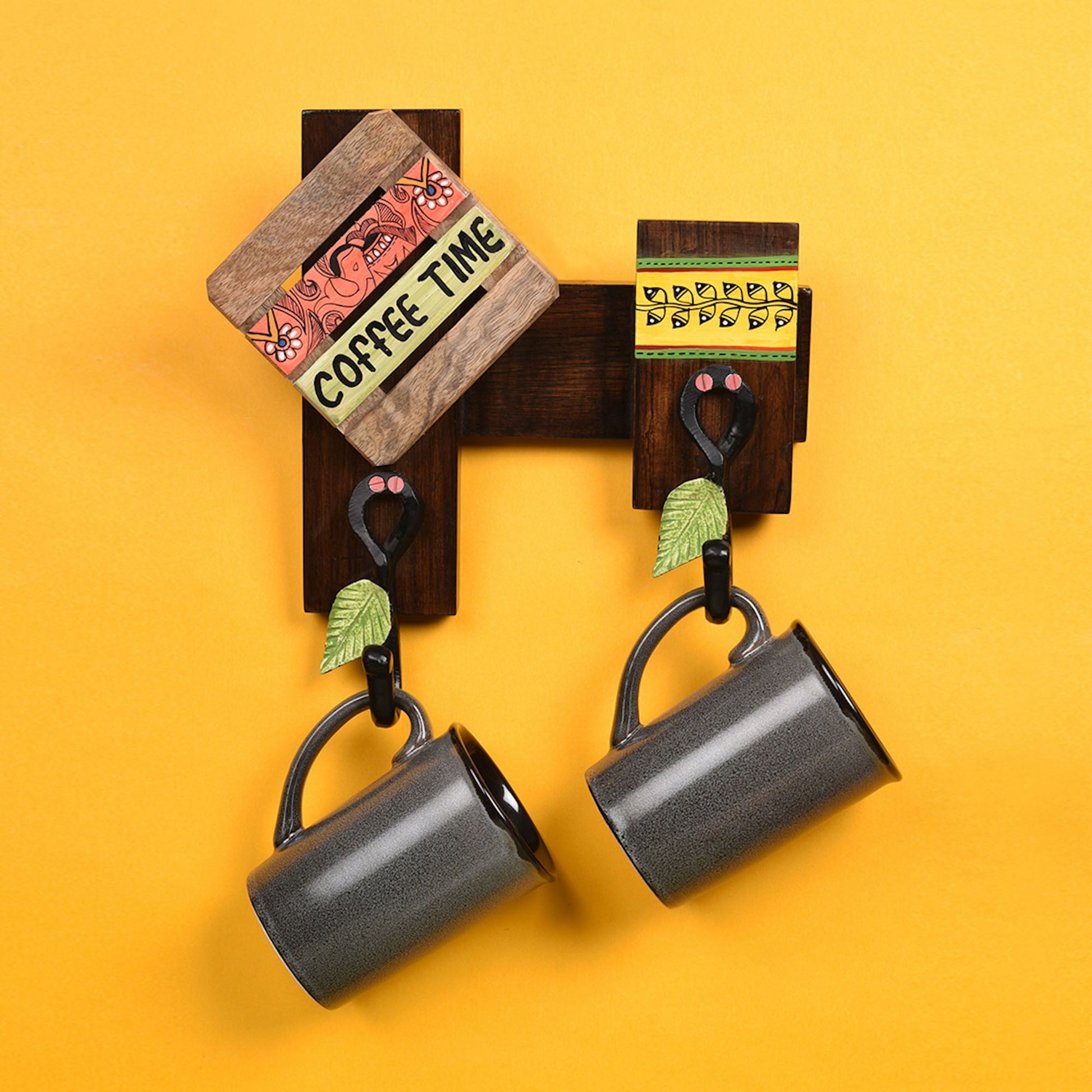 Brown - Cup Holder Handcrafted Wall Mounted & 2 Mugs (Set of 3) (10x3x10)