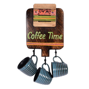 Brown - Cup Holder Handcrafted Wall Mounted & 3 Mugs (Set of 4) (7x1.5x11)