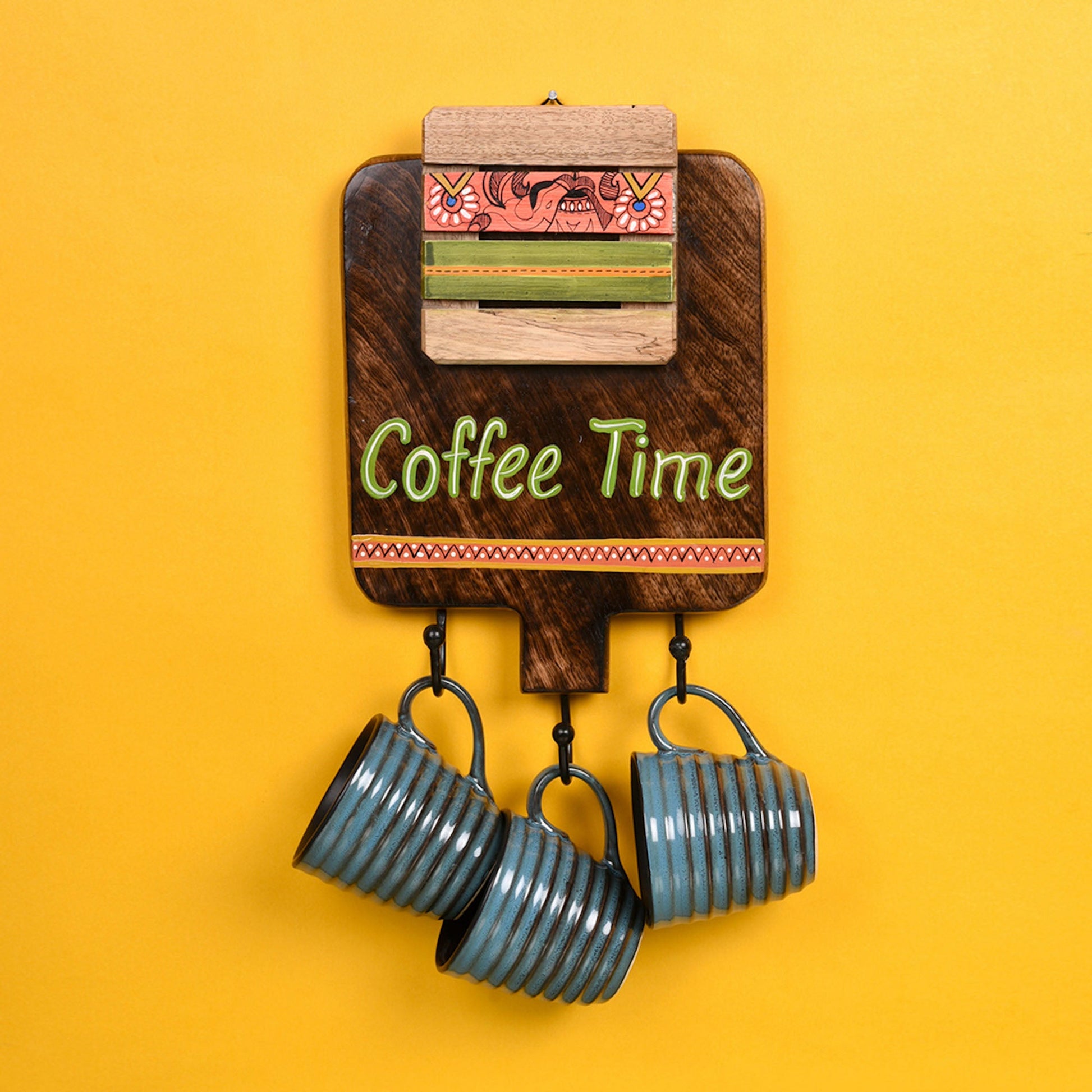 Brown - Cup Holder Handcrafted Wall Mounted & 3 Mugs (Set of 4) (7x1.5x11)
