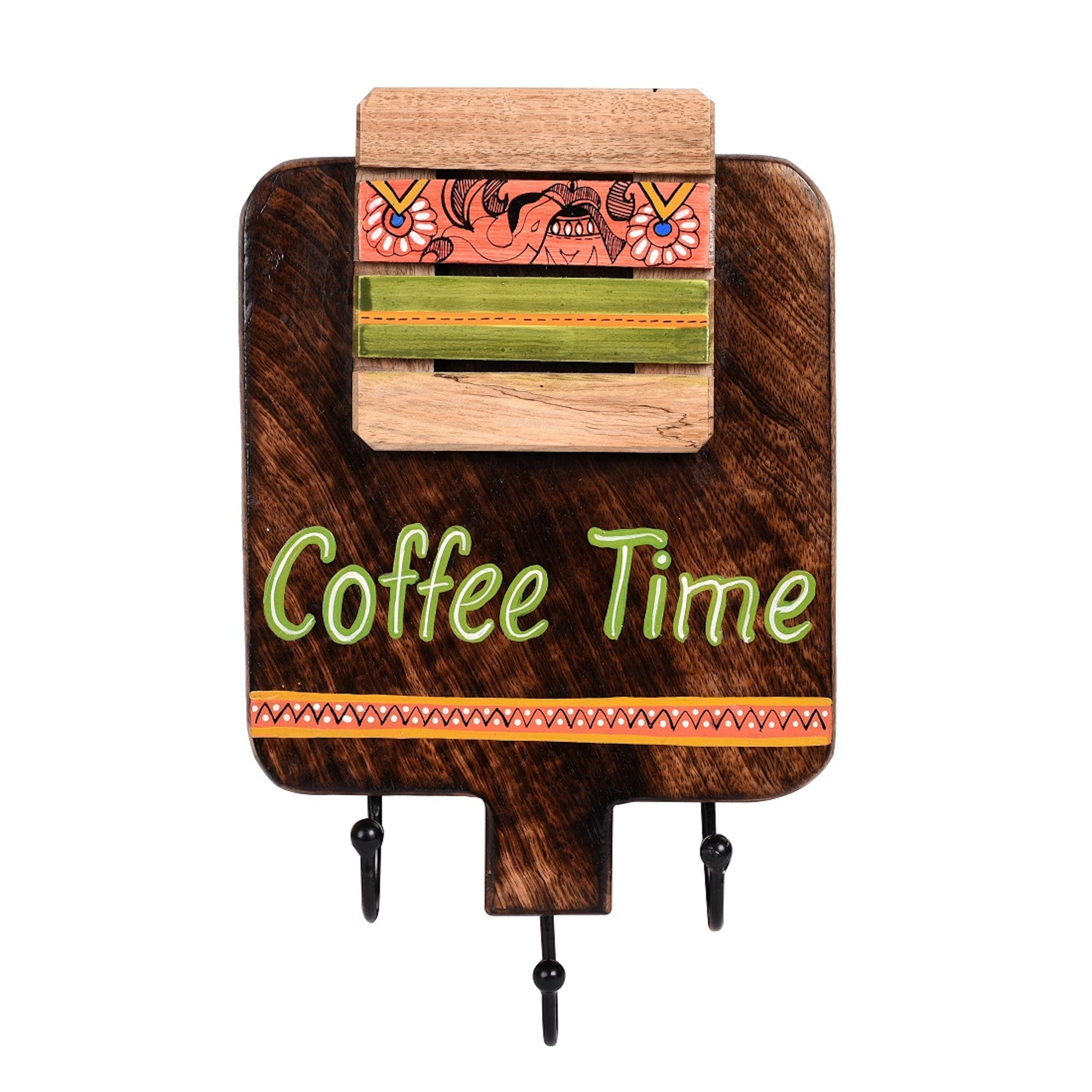 Brown - Cup Holder Handcrafted Wall Mounted & 3 Mugs (Set of 4) (7x1.5x11)