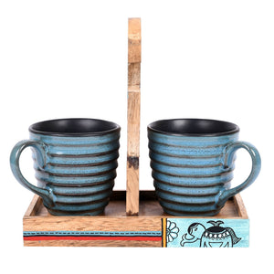 Blue - Cup Holder Handcrafted & 2 Mugs (Set of 3) (7x3.3x7)