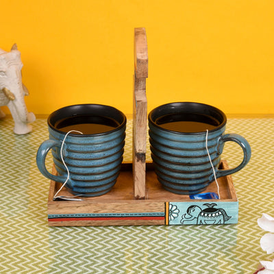 Blue - Cup Holder Handcrafted & 2 Mugs (Set of 3) (7x3.3x7)