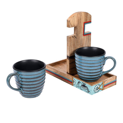 Blue - Cup Holder Handcrafted & 2 Mugs (Set of 3) (7x3.3x7)