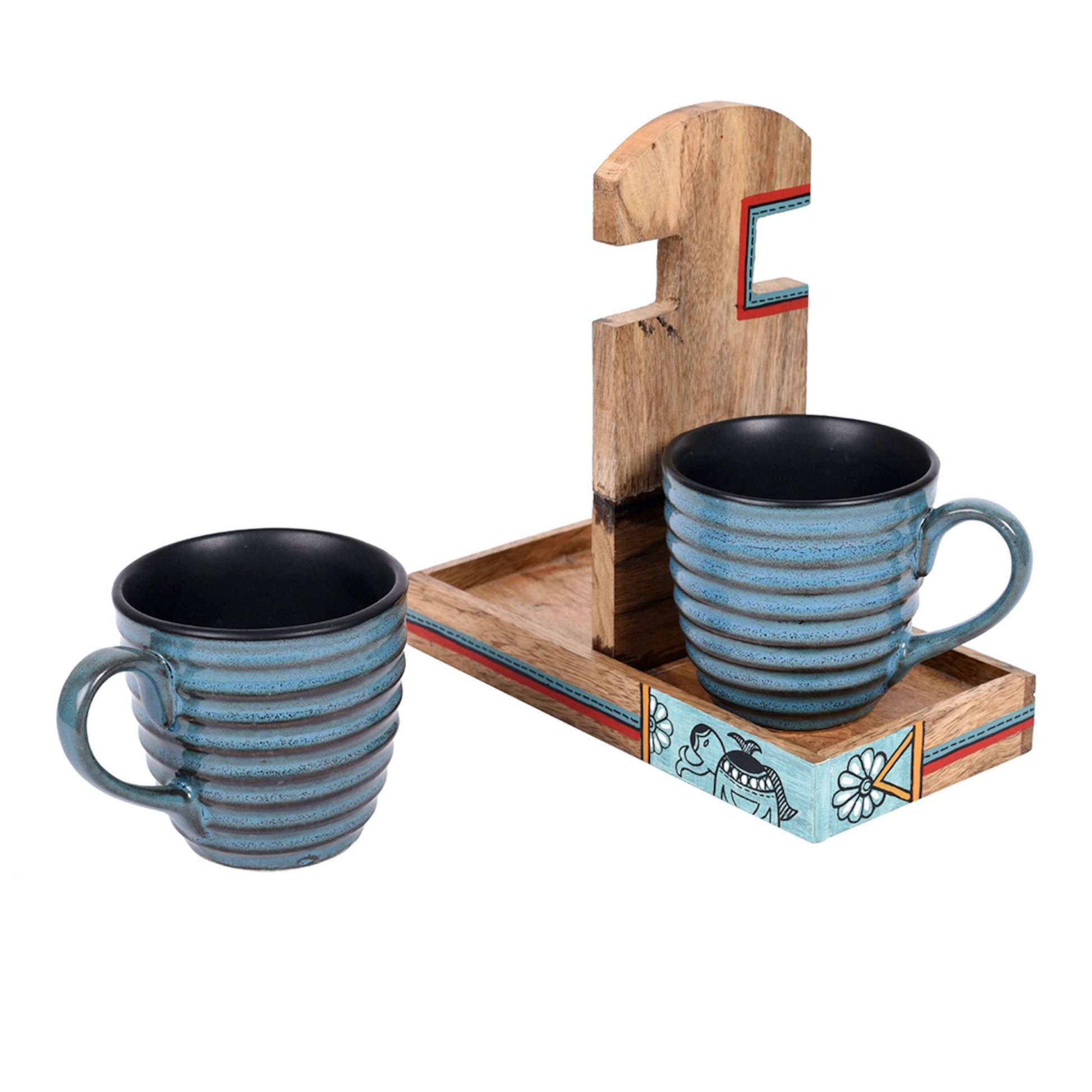 Blue - Cup Holder Handcrafted & 2 Mugs (Set of 3) (7x3.3x7)