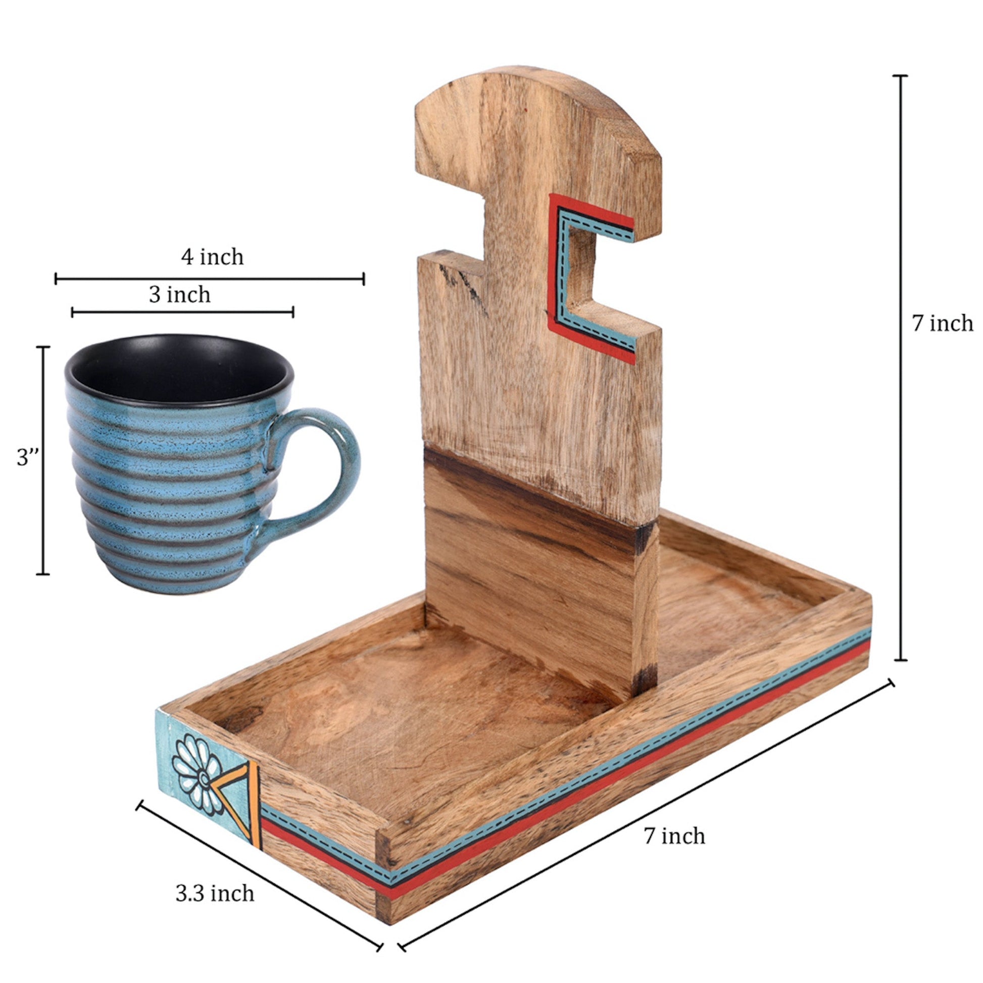 Blue - Cup Holder Handcrafted & 2 Mugs (Set of 3) (7x3.3x7)