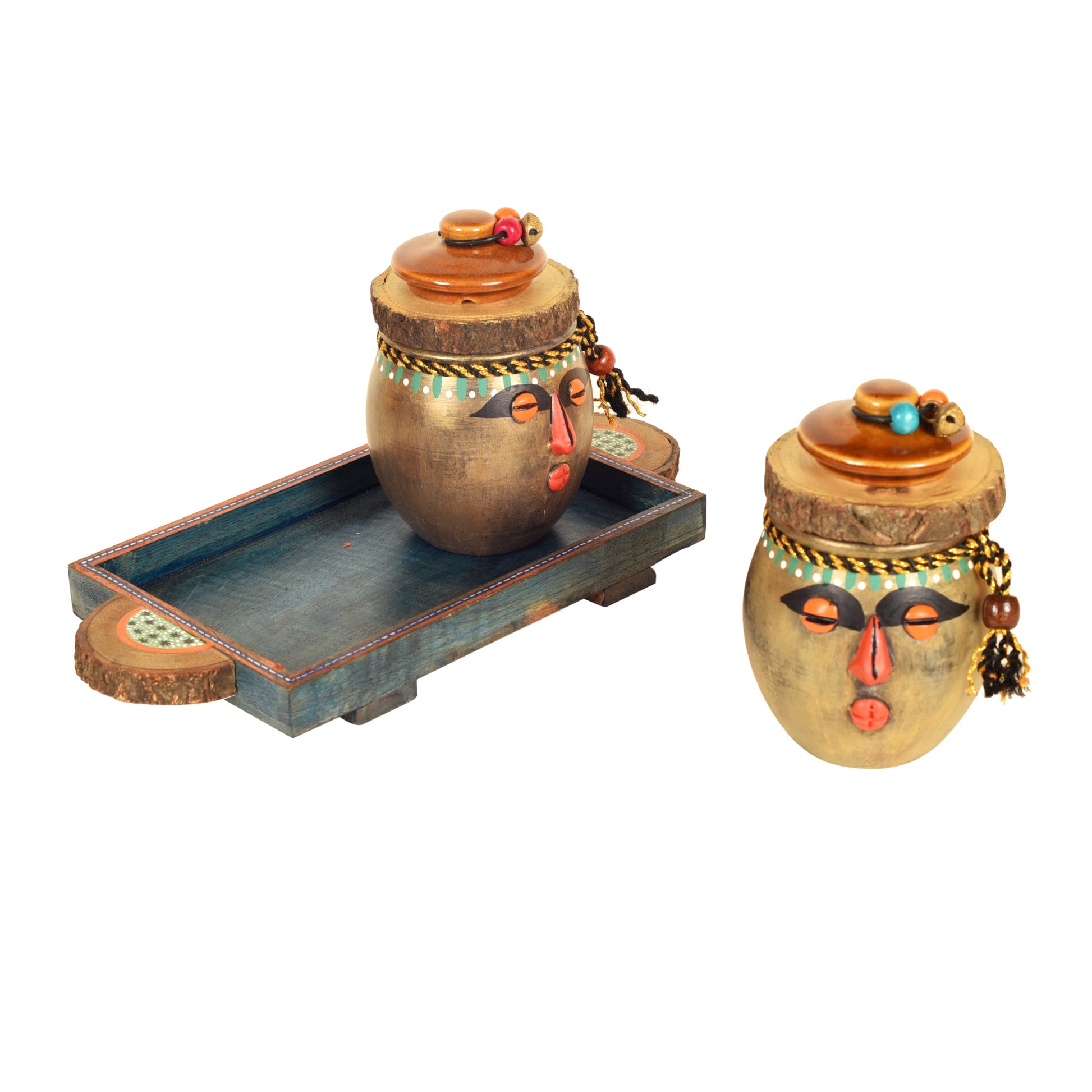 Brown - Happy Tribals Storage Jars and Handcrafted Tray (Set of 3)
