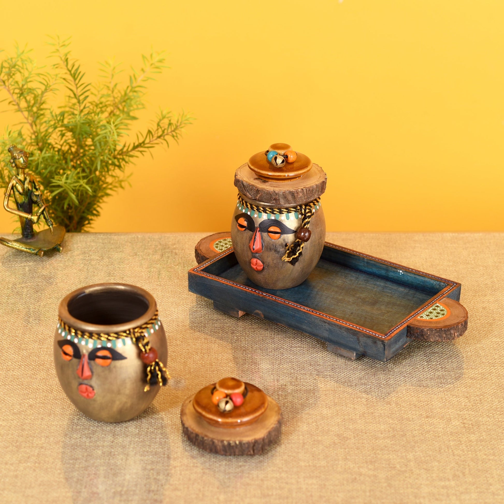Brown - Happy Tribals Storage Jars and Handcrafted Tray (Set of 3)