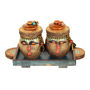 Brown - Happy Tribals Storage Jars and Handcrafted Tray (Set of 3)
