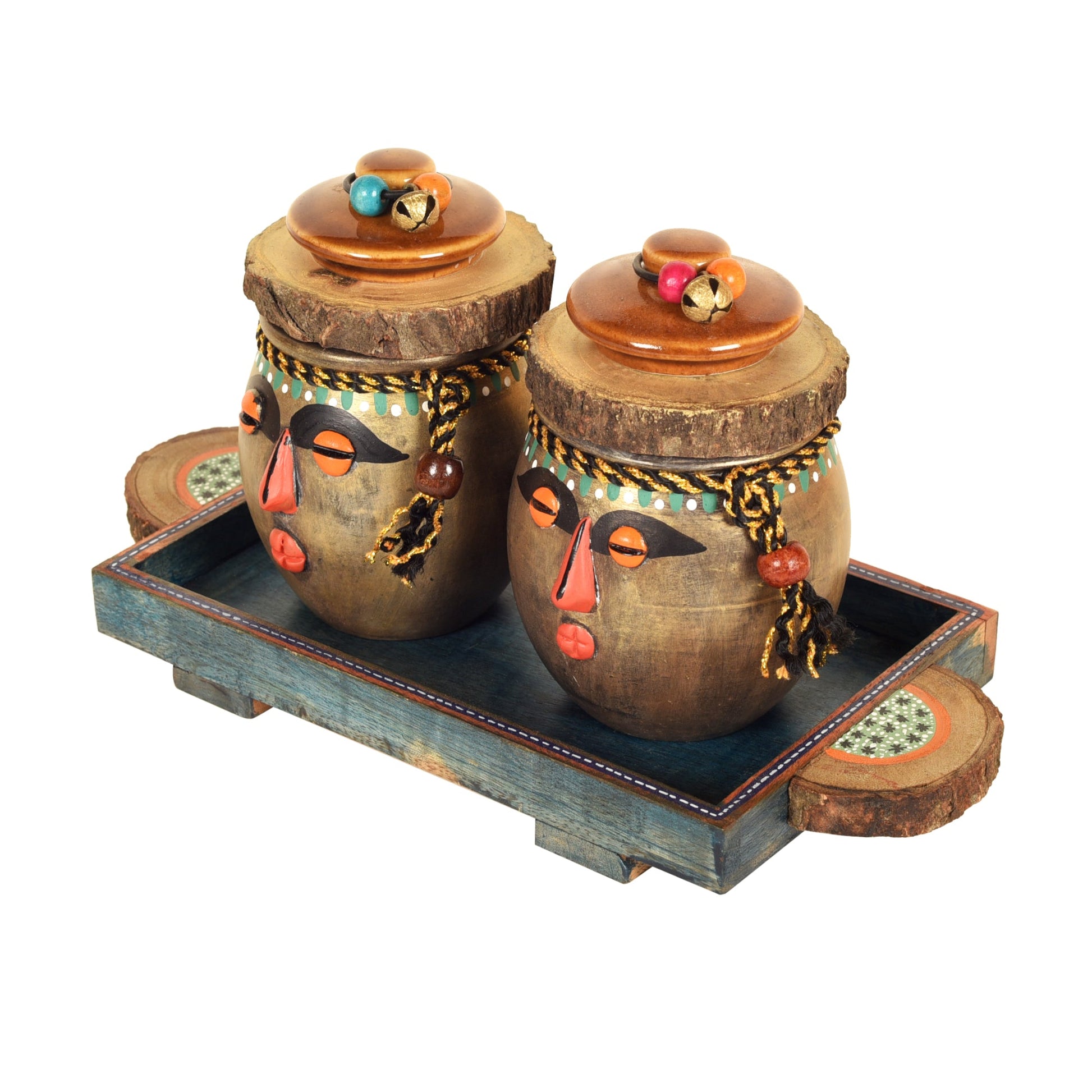 Brown - Happy Tribals Storage Jars and Handcrafted Tray (Set of 3)