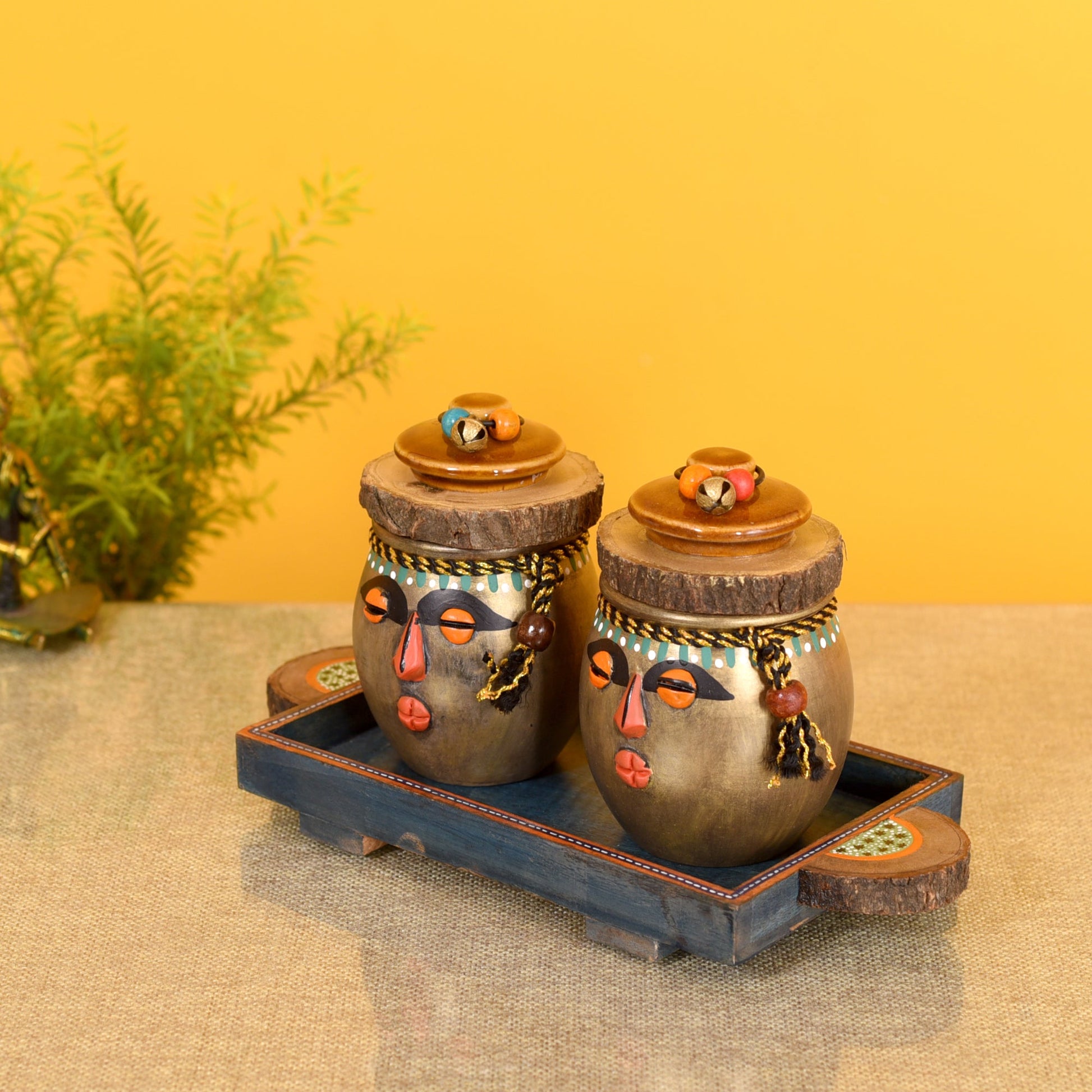 Brown - Happy Tribals Storage Jars and Handcrafted Tray (Set of 3)