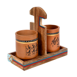 Brown - Cup Holder & 2 Earthen Mugs (Set of 3) (7x3.3x7)