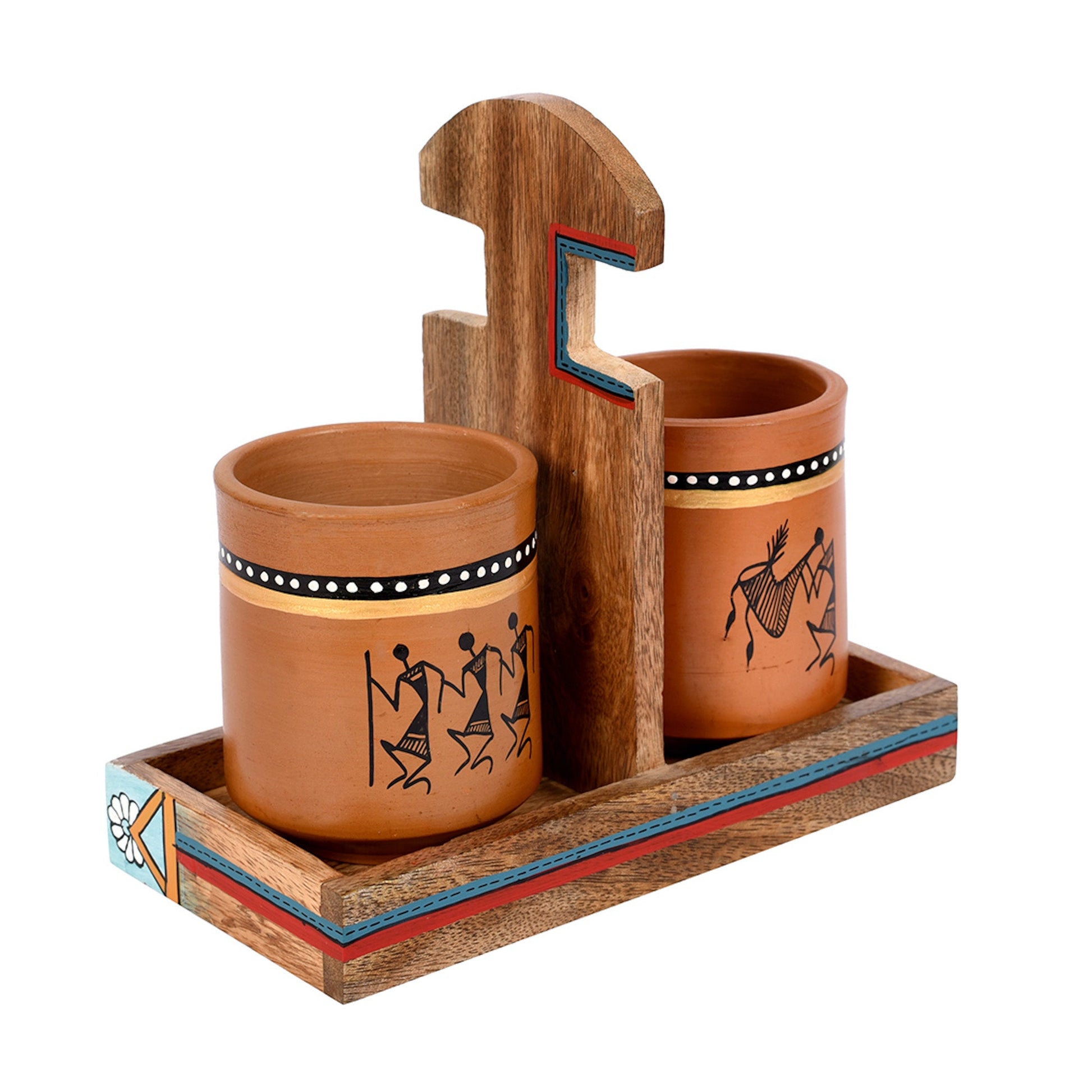 Brown - Cup Holder & 2 Earthen Mugs (Set of 3) (7x3.3x7)