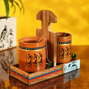 Brown - Cup Holder & 2 Earthen Mugs (Set of 3) (7x3.3x7)