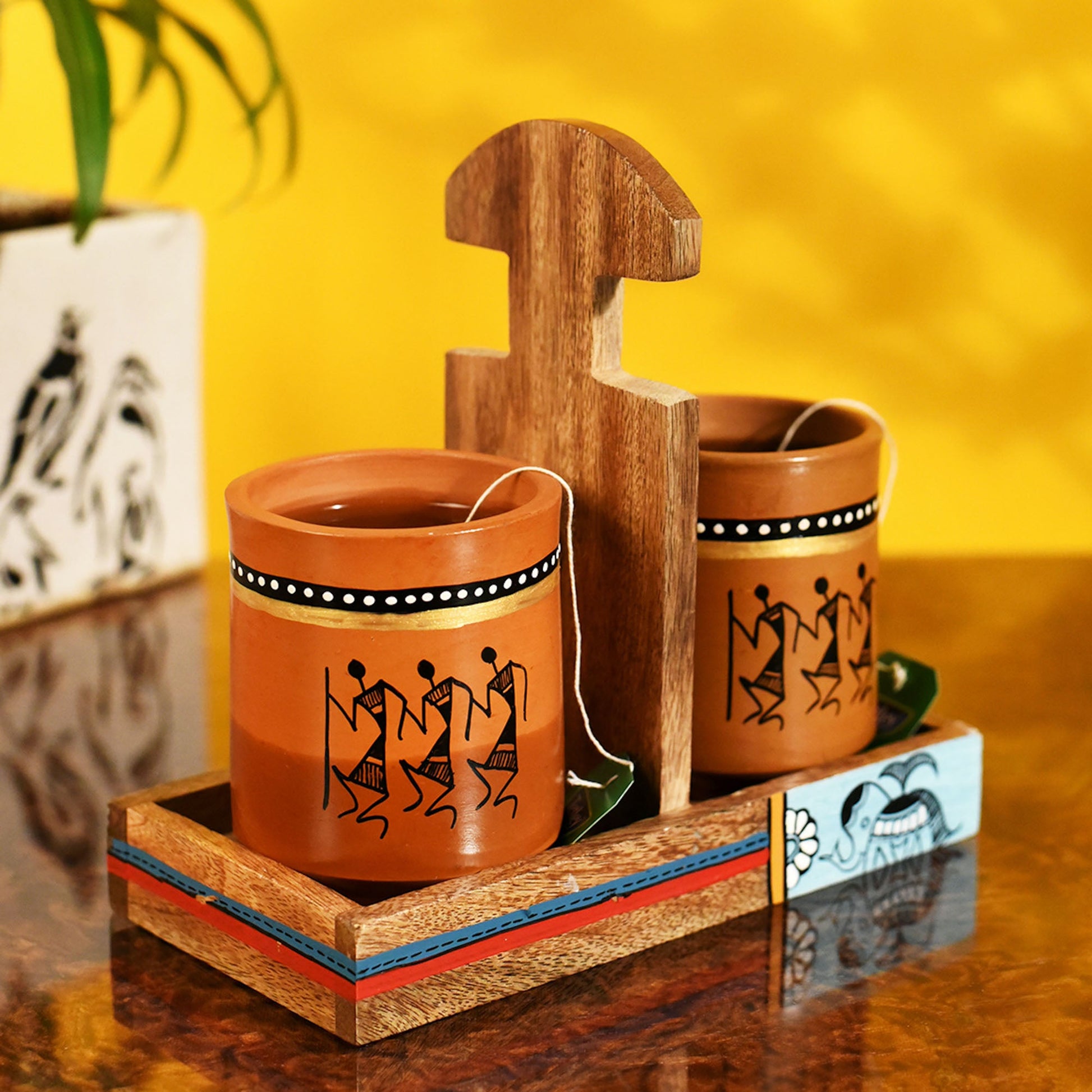 Brown - Cup Holder & 2 Earthen Mugs (Set of 3) (7x3.3x7)