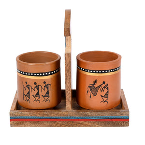 Brown - Cup Holder & 2 Earthen Mugs (Set of 3) (7x3.3x7)