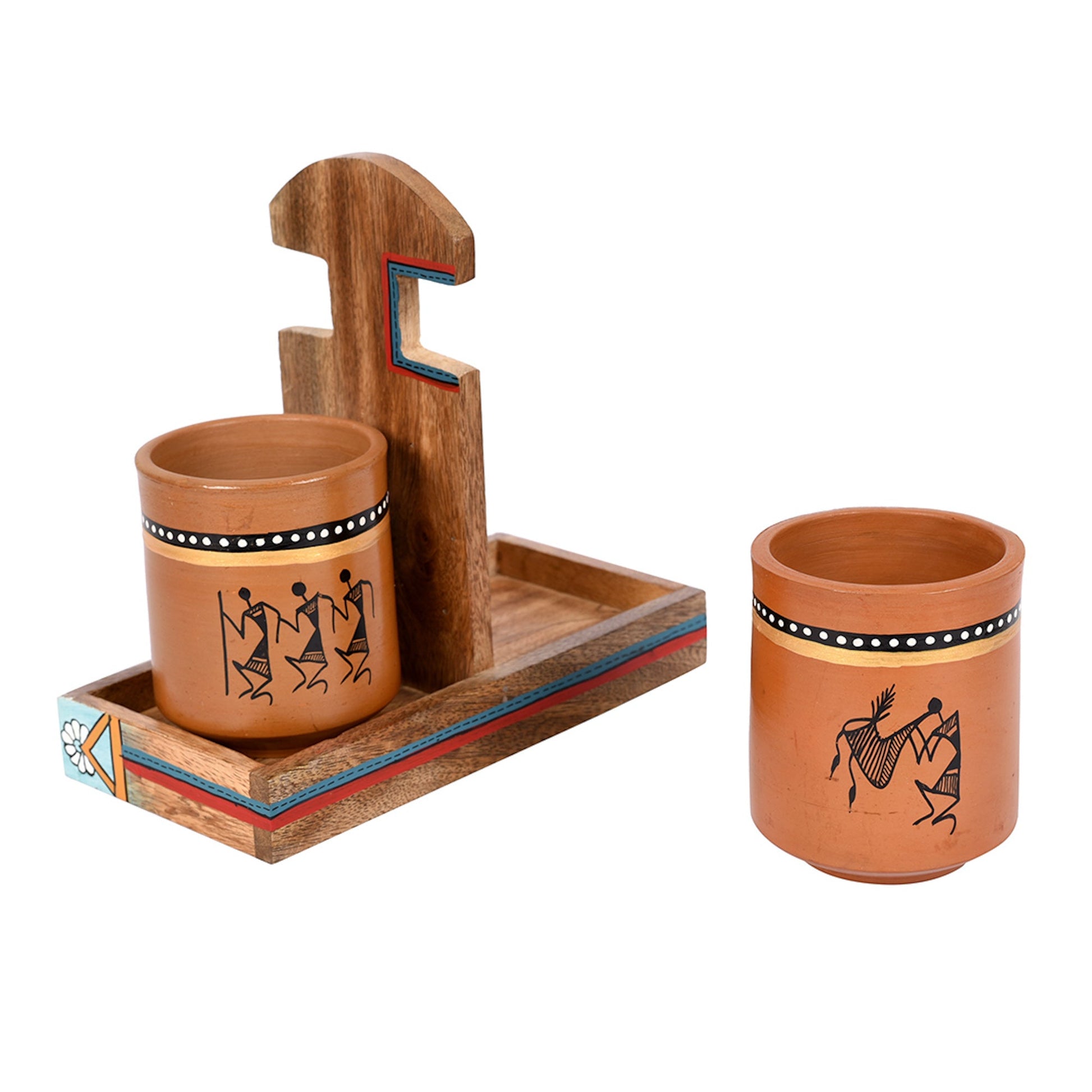 Brown - Cup Holder & 2 Earthen Mugs (Set of 3) (7x3.3x7)