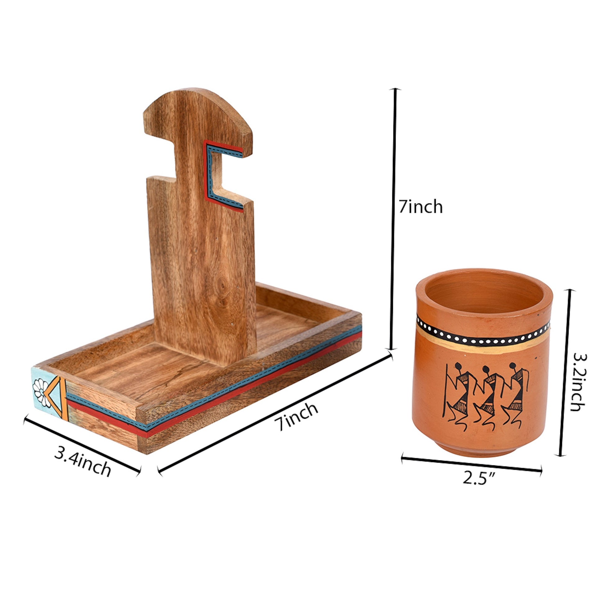 Brown - Cup Holder & 2 Earthen Mugs (Set of 3) (7x3.3x7)