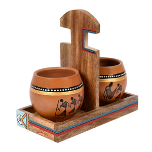 Brown - Cup Holder & 2 Earthen Kullad (Set of 3) (7x3.3x7)