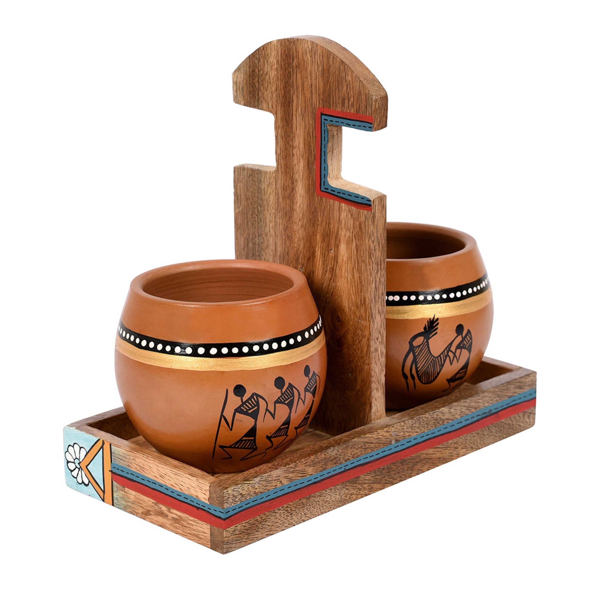 Brown - Cup Holder & 2 Earthen Kullad (Set of 3) (7x3.3x7)