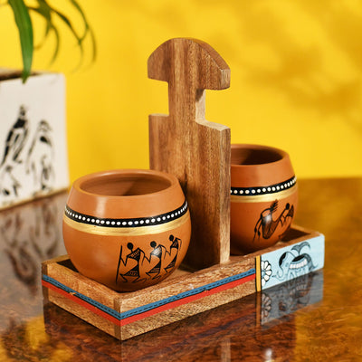 Brown - Cup Holder & 2 Earthen Kullad (Set of 3) (7x3.3x7)