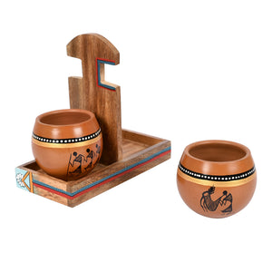 Brown - Cup Holder & 2 Earthen Kullad (Set of 3) (7x3.3x7)