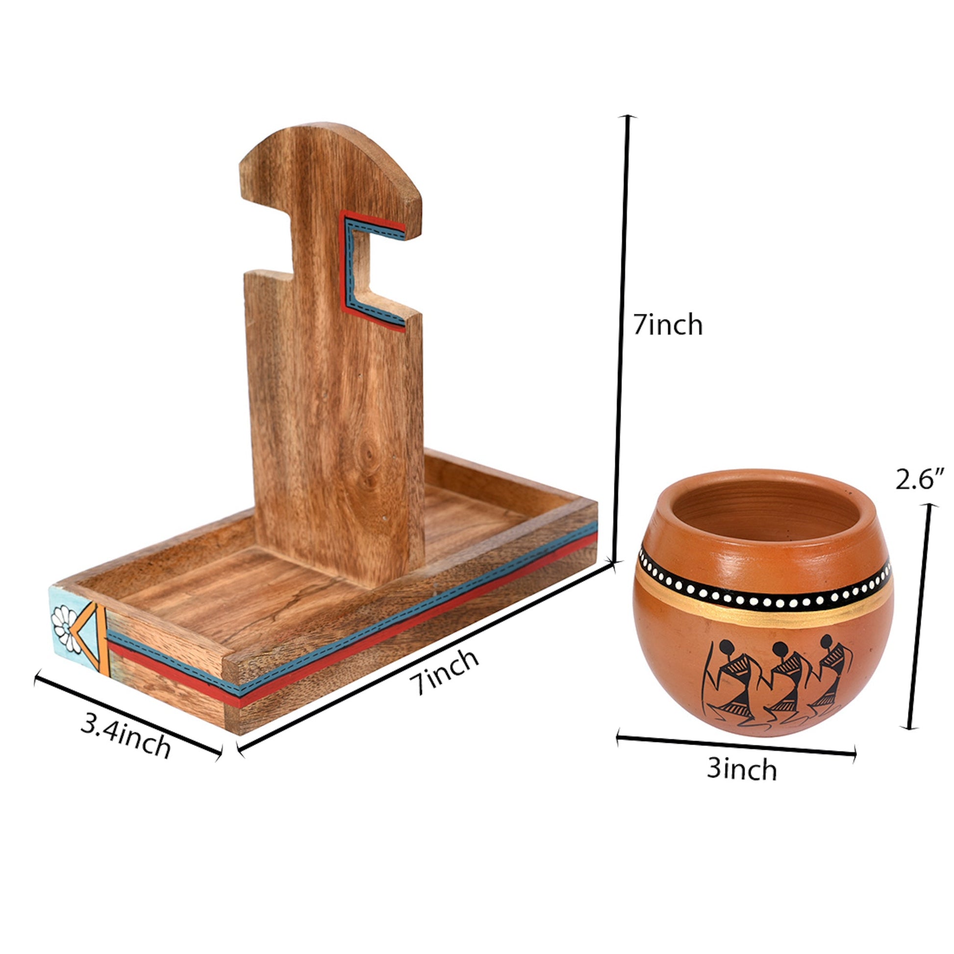 Brown - Cup Holder & 2 Earthen Kullad (Set of 3) (7x3.3x7)
