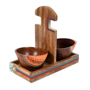 Brown - Bowl Holder & 2 Wooden Bowls (Set of 3) (9x4.4x6.4)