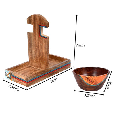 Brown - Bowl Holder & 2 Wooden Bowls (Set of 3) (9x4.4x6.4)