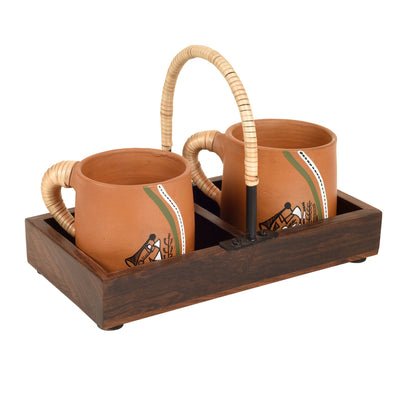 Brown - Happy Morning Earthen Cups with Cane Embellished Tray