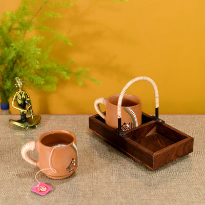 Brown - Happy Morning Earthen Cups with Cane Embellished Tray