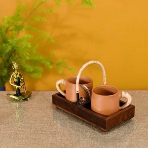 Brown - Happy Morning Earthen Cups with Cane Embellished Tray